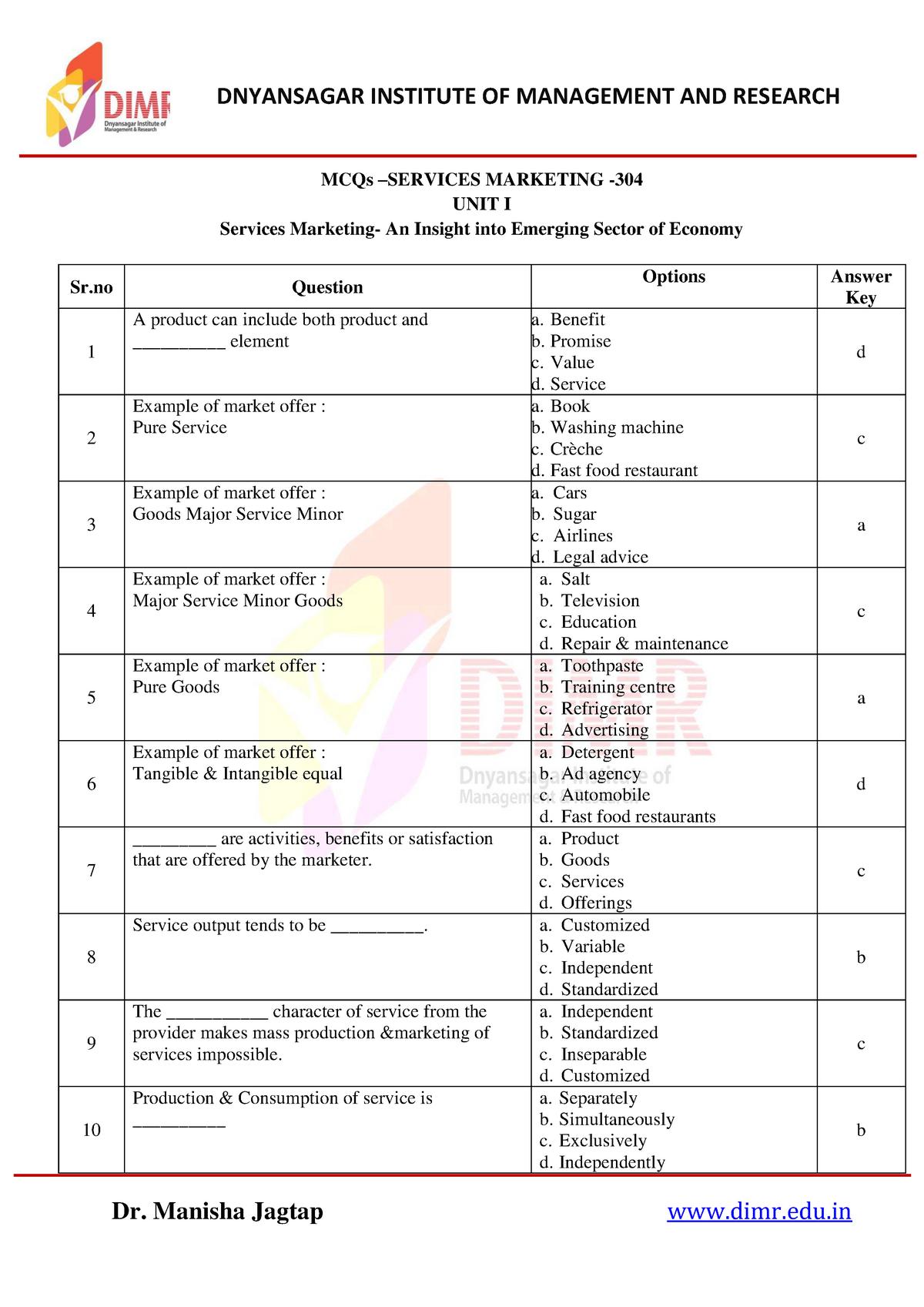 304 Mkt Sm Mcq 2019 Min Services Marketing Mcqs Services Marketing Unit I Services Marketing Studocu