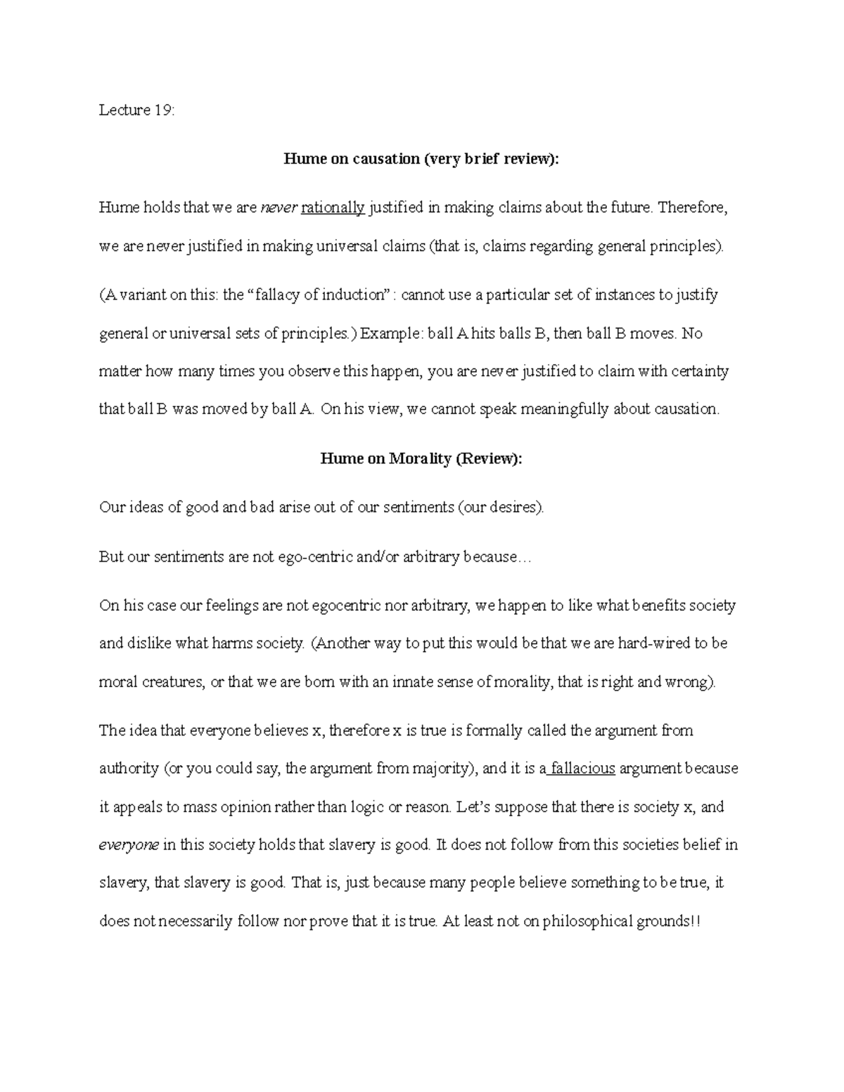 Class Notes 4 Lecture 19 Hume on causation (very brief review