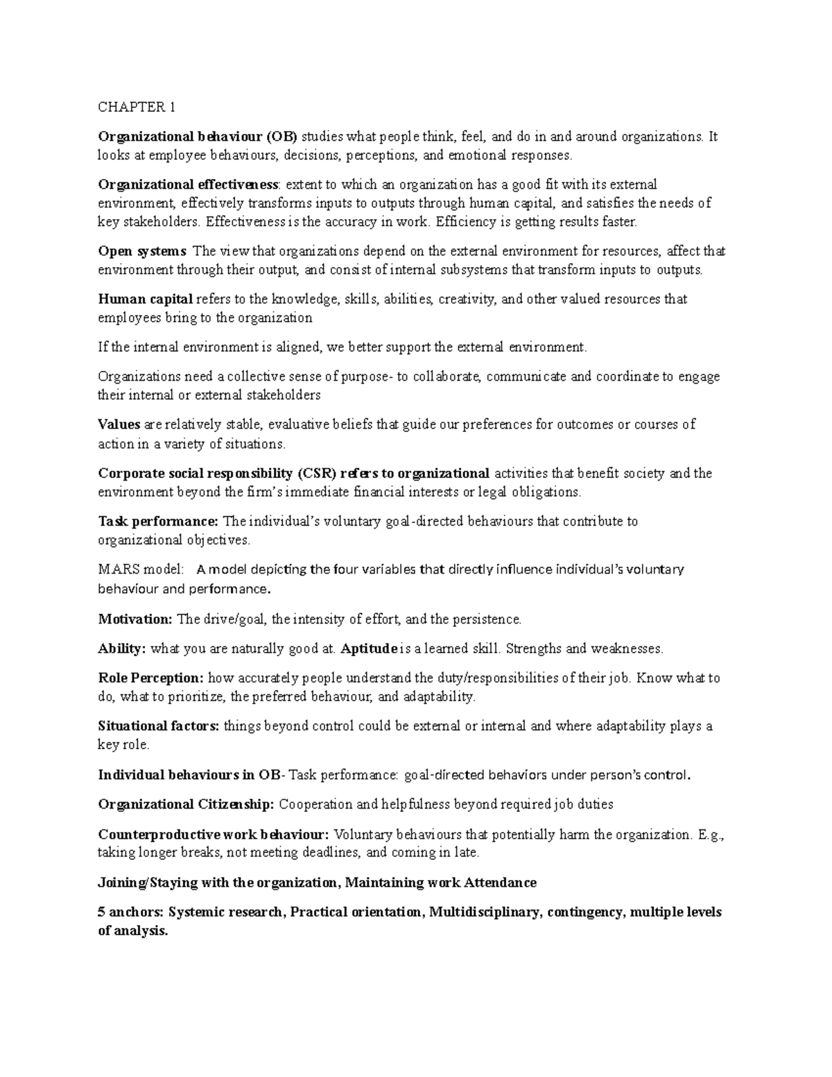 Bus 272 Ch notes - Summary Behaviour in Organizations - Organizational ...