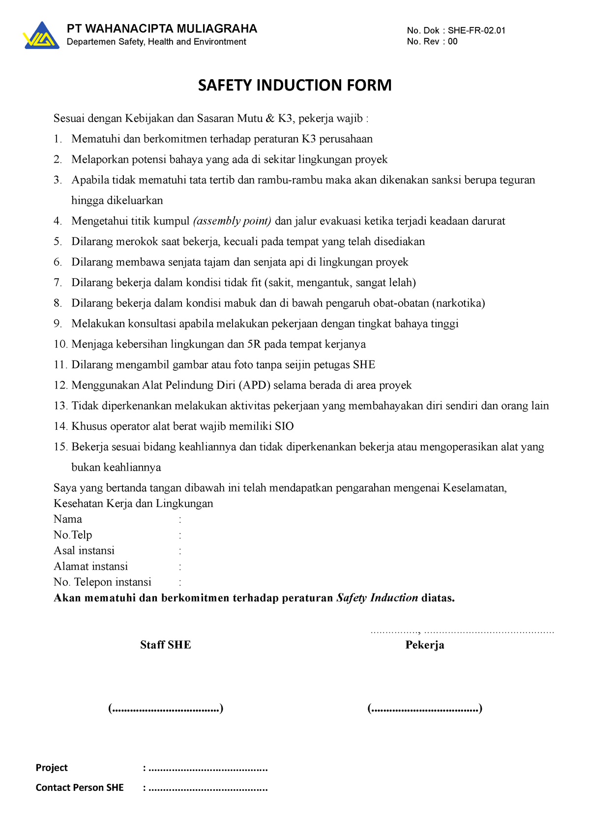 Wcmg No Description Safety Induction Form Sesuai Dengan Kebijakan Dan Sasaran Mutu And K3 7972