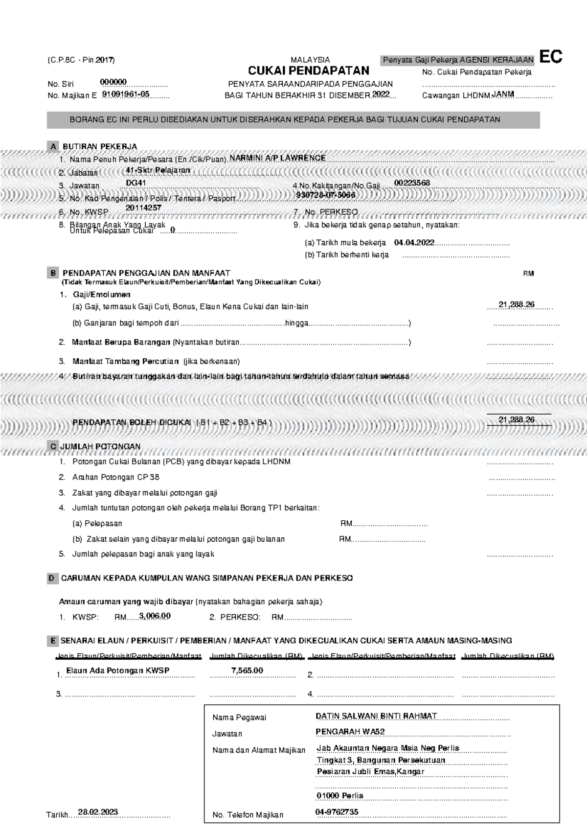 EC DEC 2022 DONE Elaun Ada Potongan KWSP 7,565. Jab Akauntan Negara