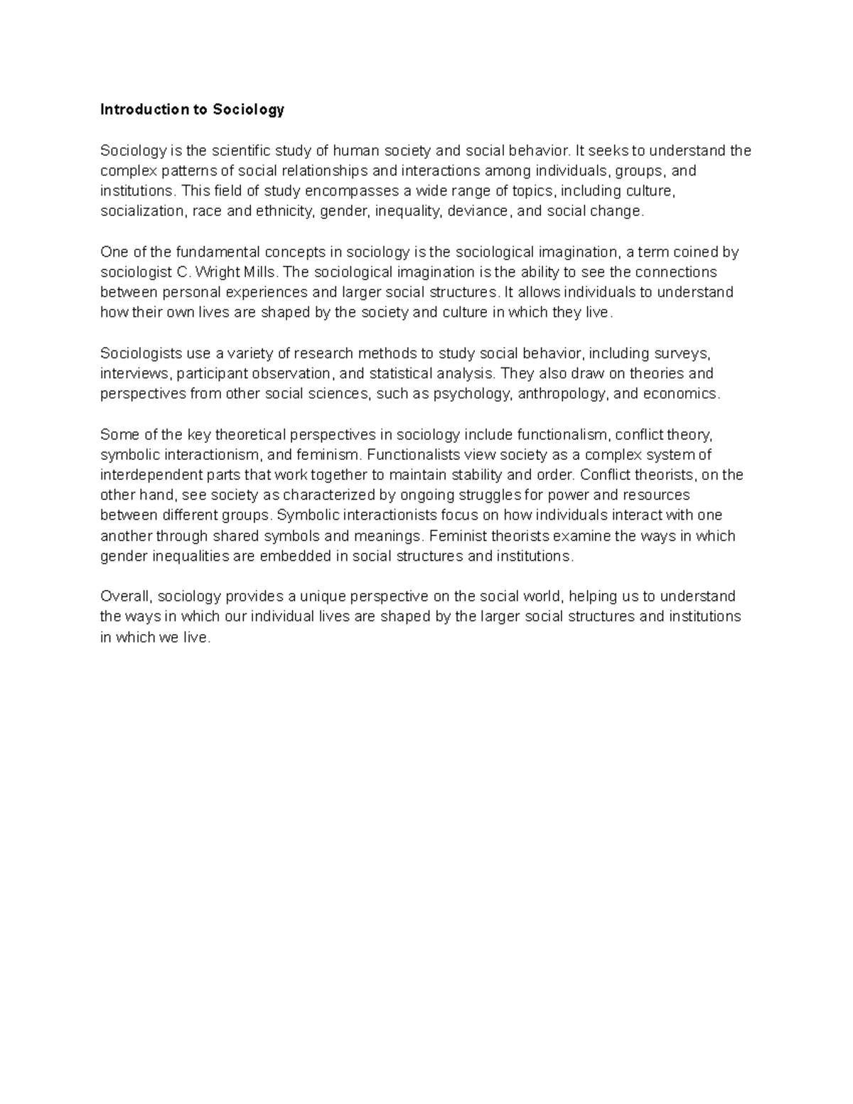 Intro to Sociology - Notes - Introduction to Sociology Sociology is the ...
