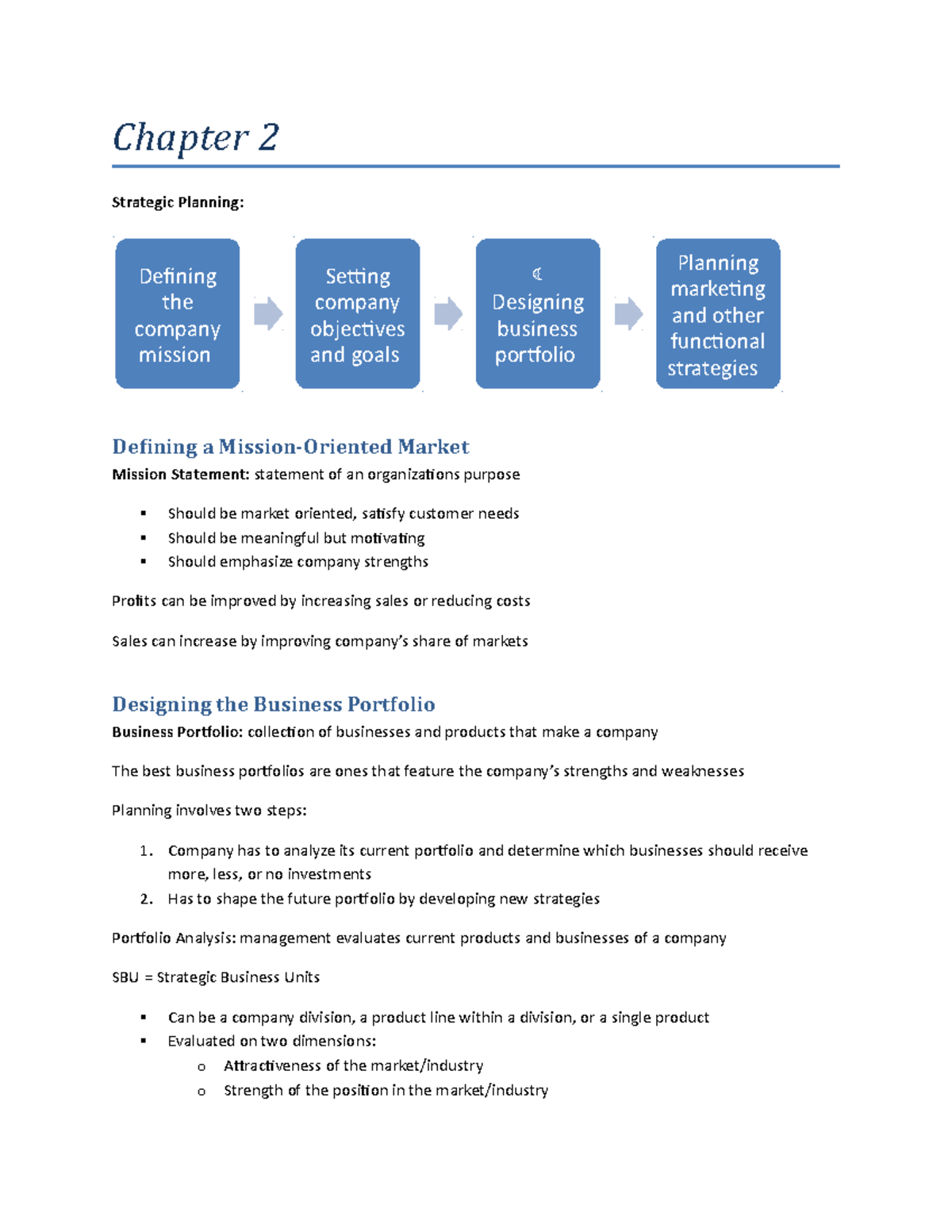 Chapter 2 Notes - Marketing - Chapter 2 Strategic Planning: Defining ...