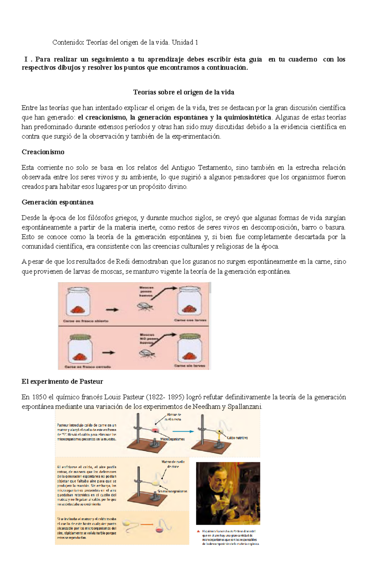 Teorias del origen de la vida - Unidad 1 I. Para realizar un ...