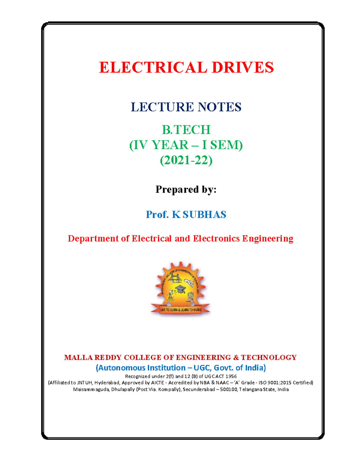 Electrical Drives Notes 1 - ELECTRICAL DRIVES LECTURE NOTES B (IV YEAR ...