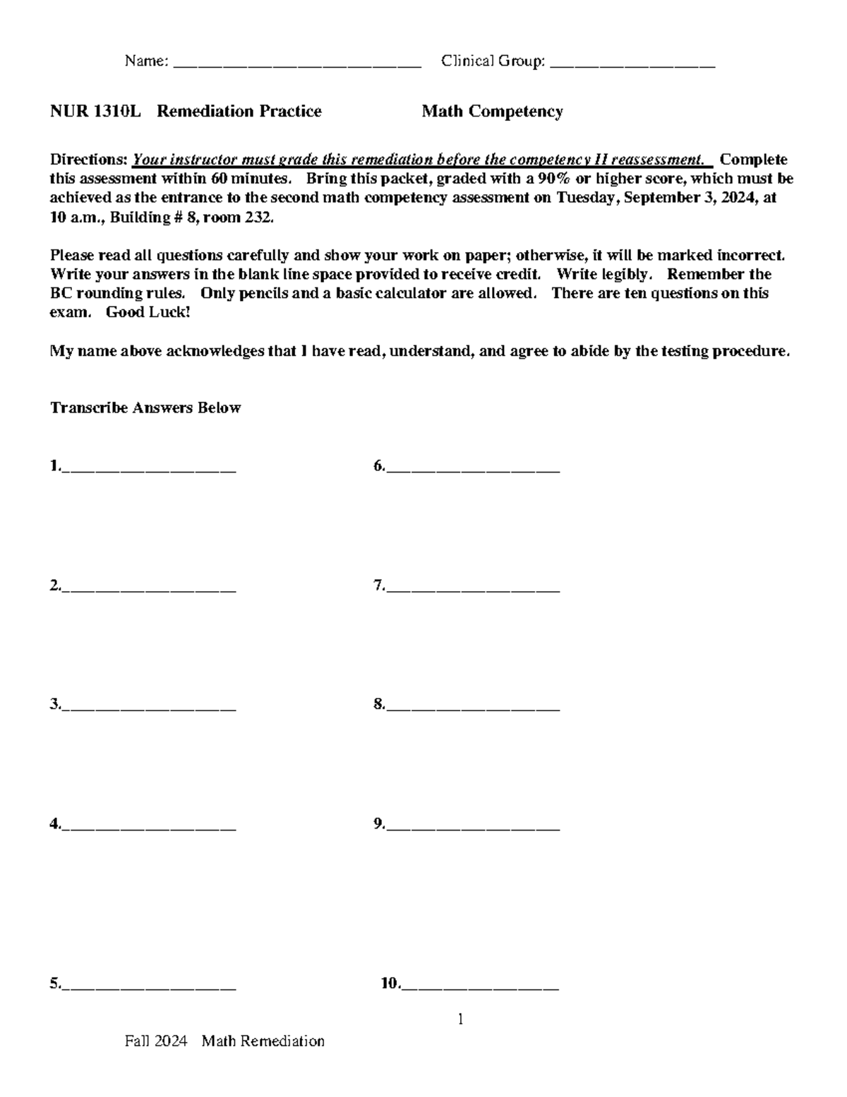 Fall 2024 Math Remediation 1 NUR 1310L Remediation Practice Math