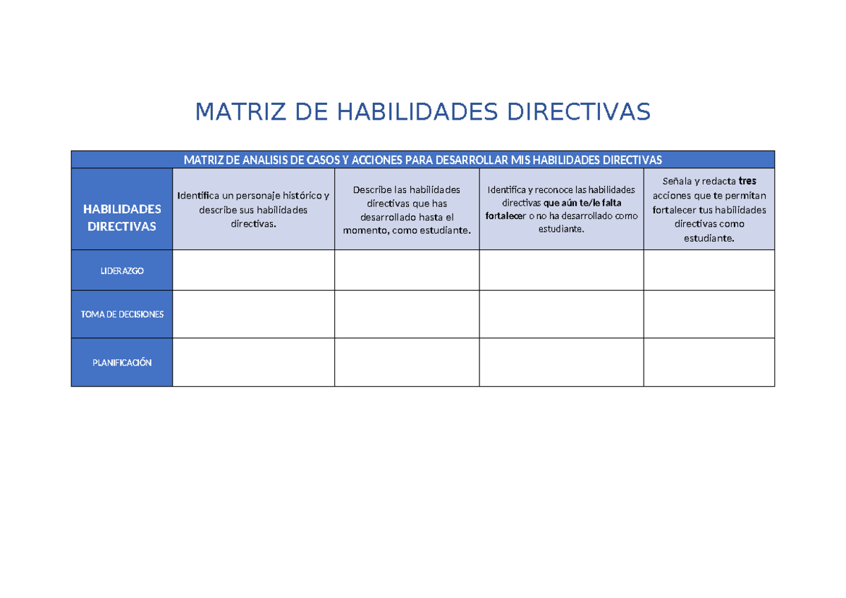 Matriz De Habildades Directivas Matriz De Analisis De Casos Y Acciones Para Desarrollar Mis