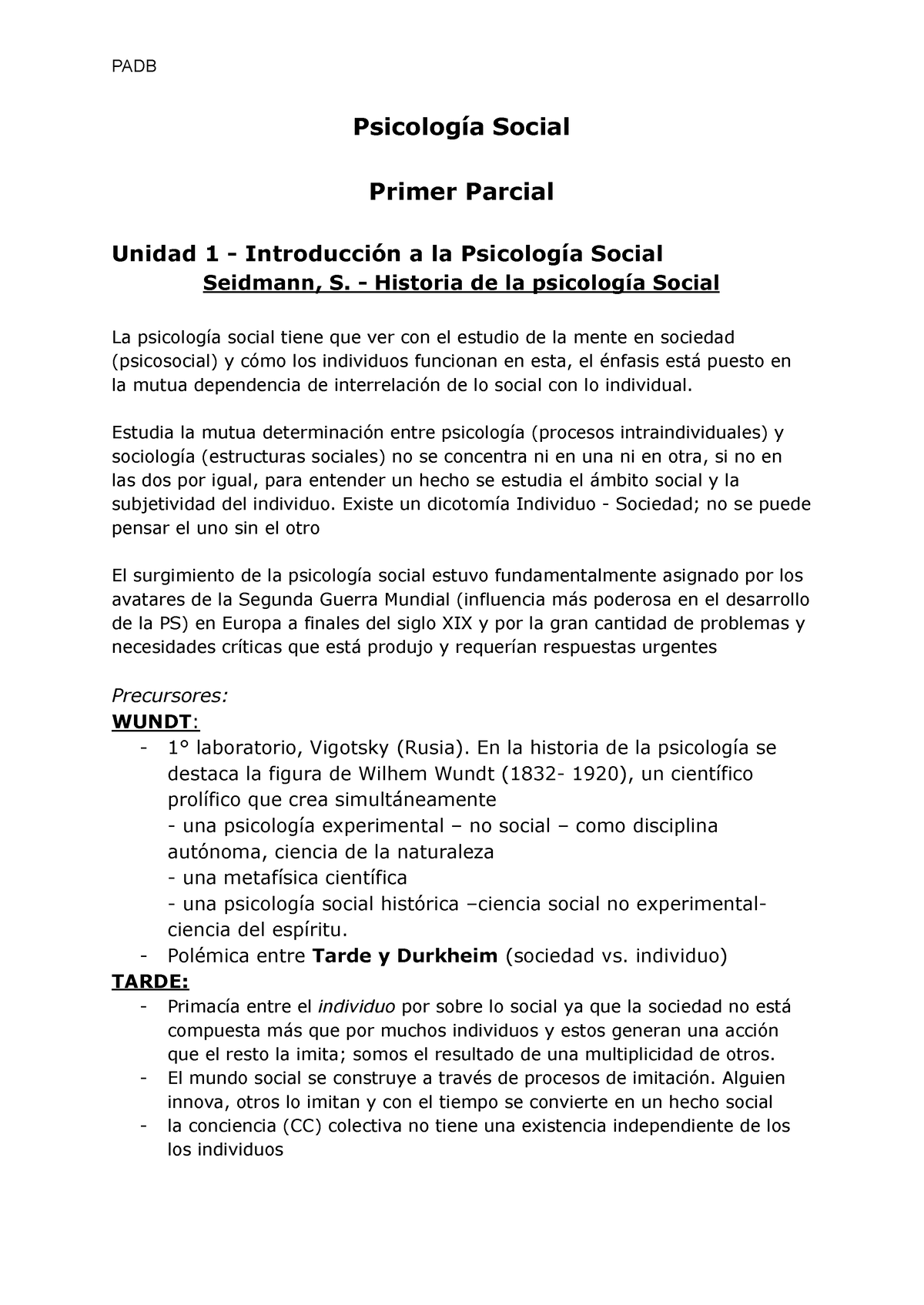 Primer Parcial PS - Psicología Social Primer Parcial Unidad 1 ...