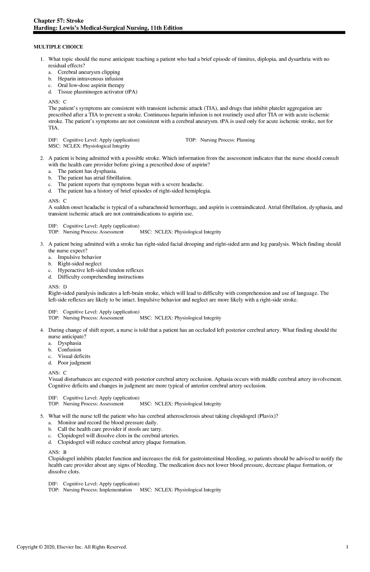 Exam View - CH0057 Harding 11e TB - Chapter 57: Stroke Harding: Lewis’s ...