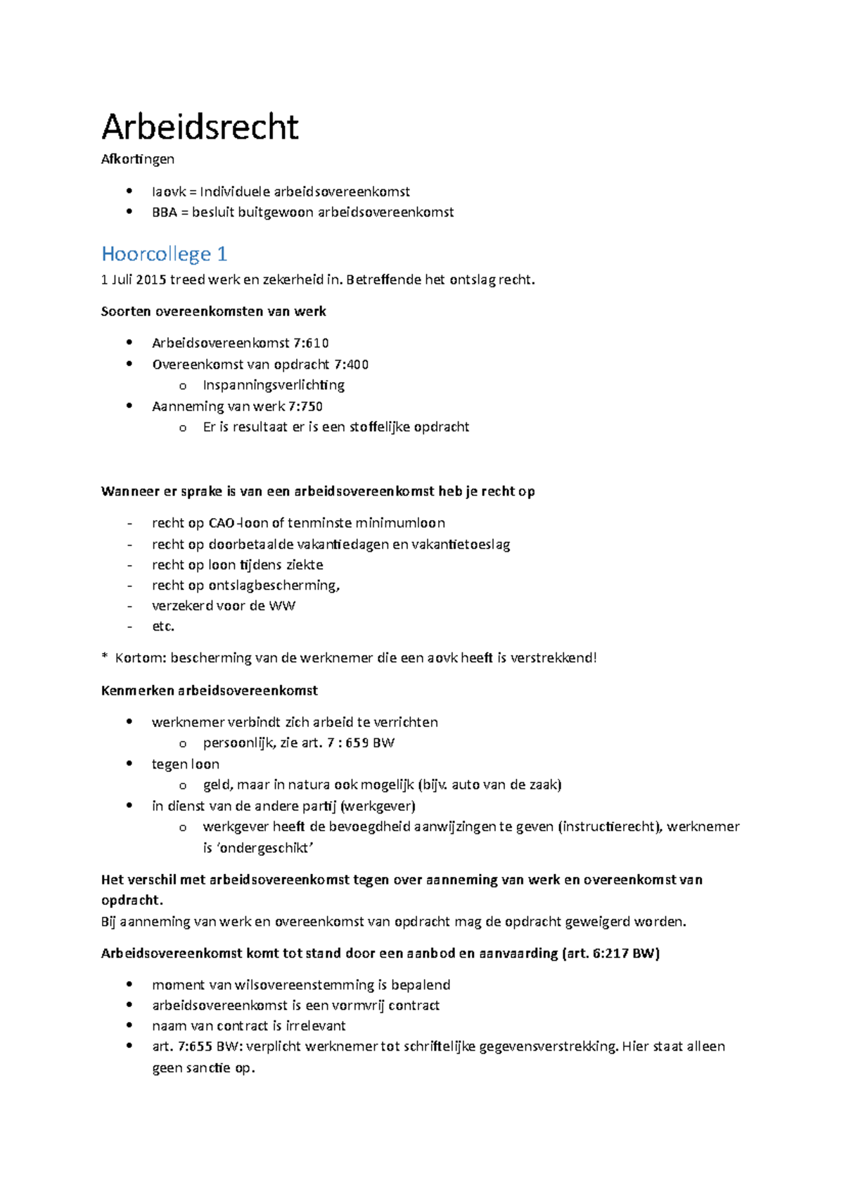 College-aantekening, Arbeidsrecht SJD VT, Hoorcolleges 1-2, 4-7 ...