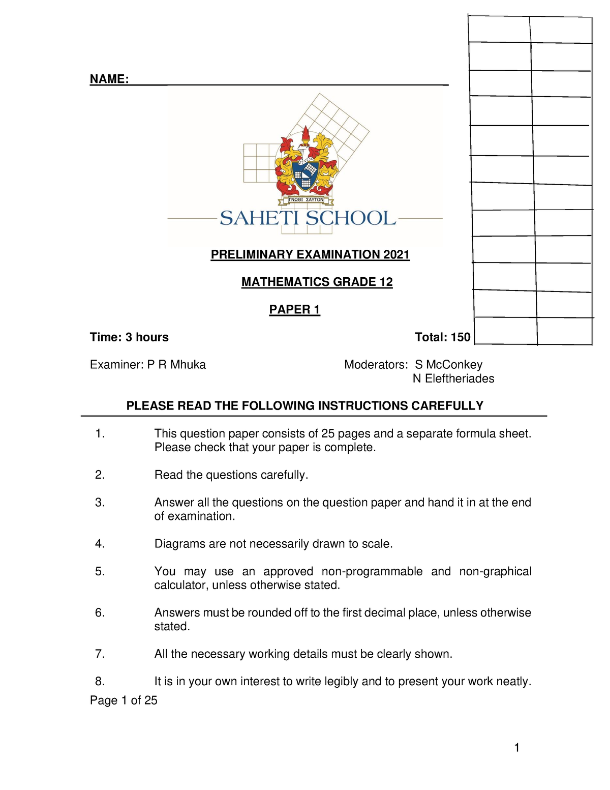 Grade 12 Prelim Exam Paper 1 Name Preliminary Examination 2021 Mathematics Grade 12 Paper 1 1188