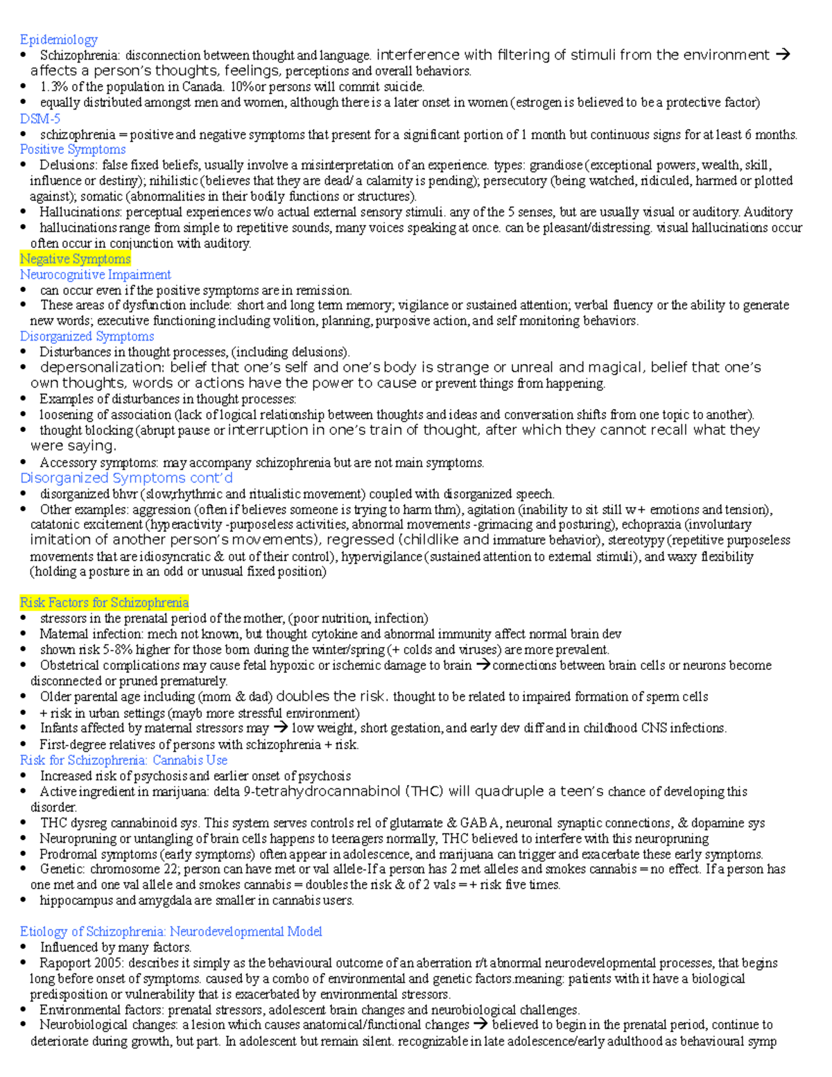 Schizo - notes - Epidemiology Schizophrenia: disconnection between ...