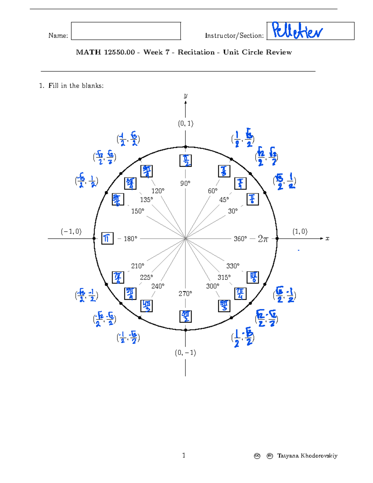 Recitation Trigonometry - MATH 125 - Fill In The Blanks:Name: MATH ...