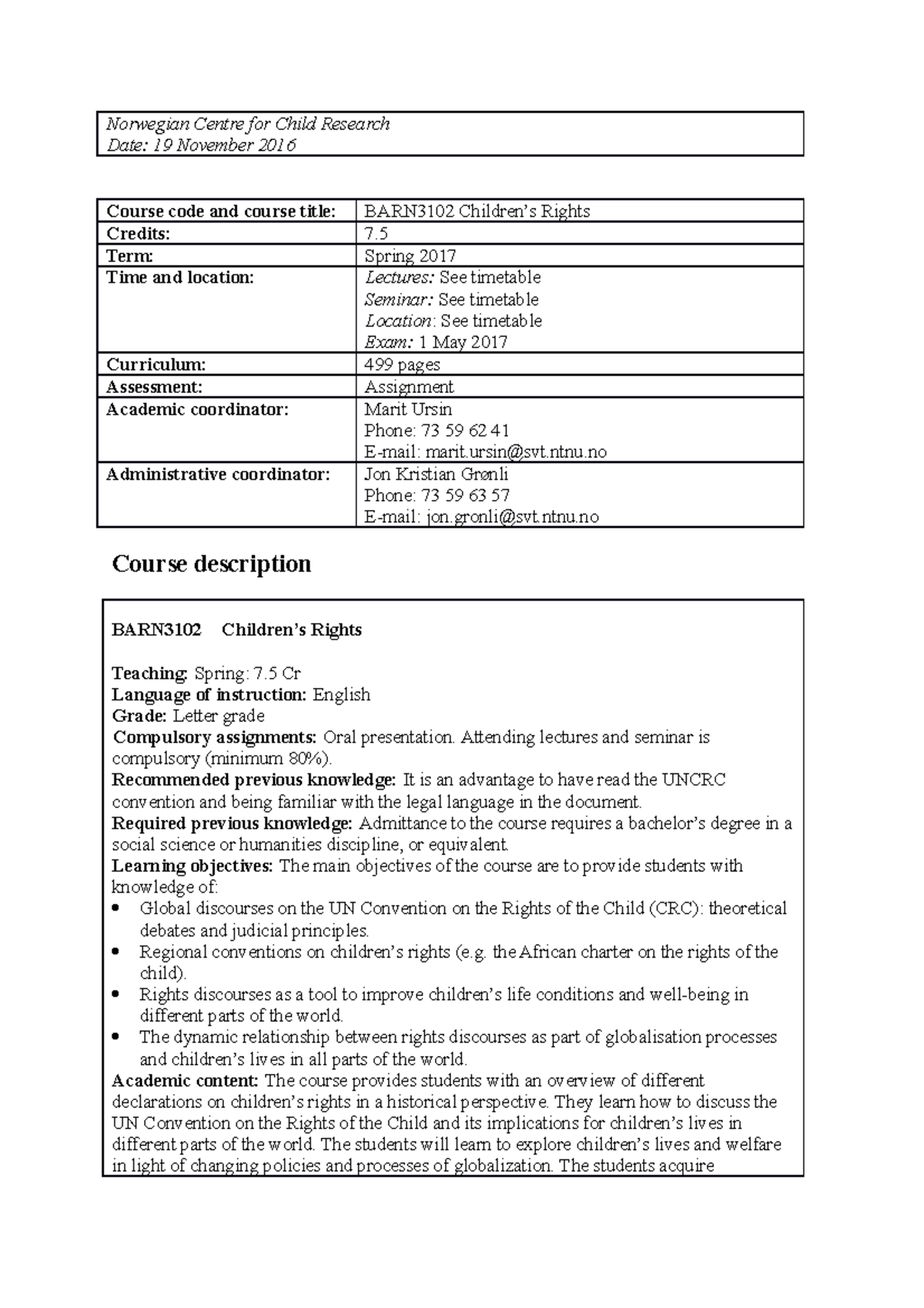 Course plan 2017 - Norwegian Centre for Child Research Date: 19 ...