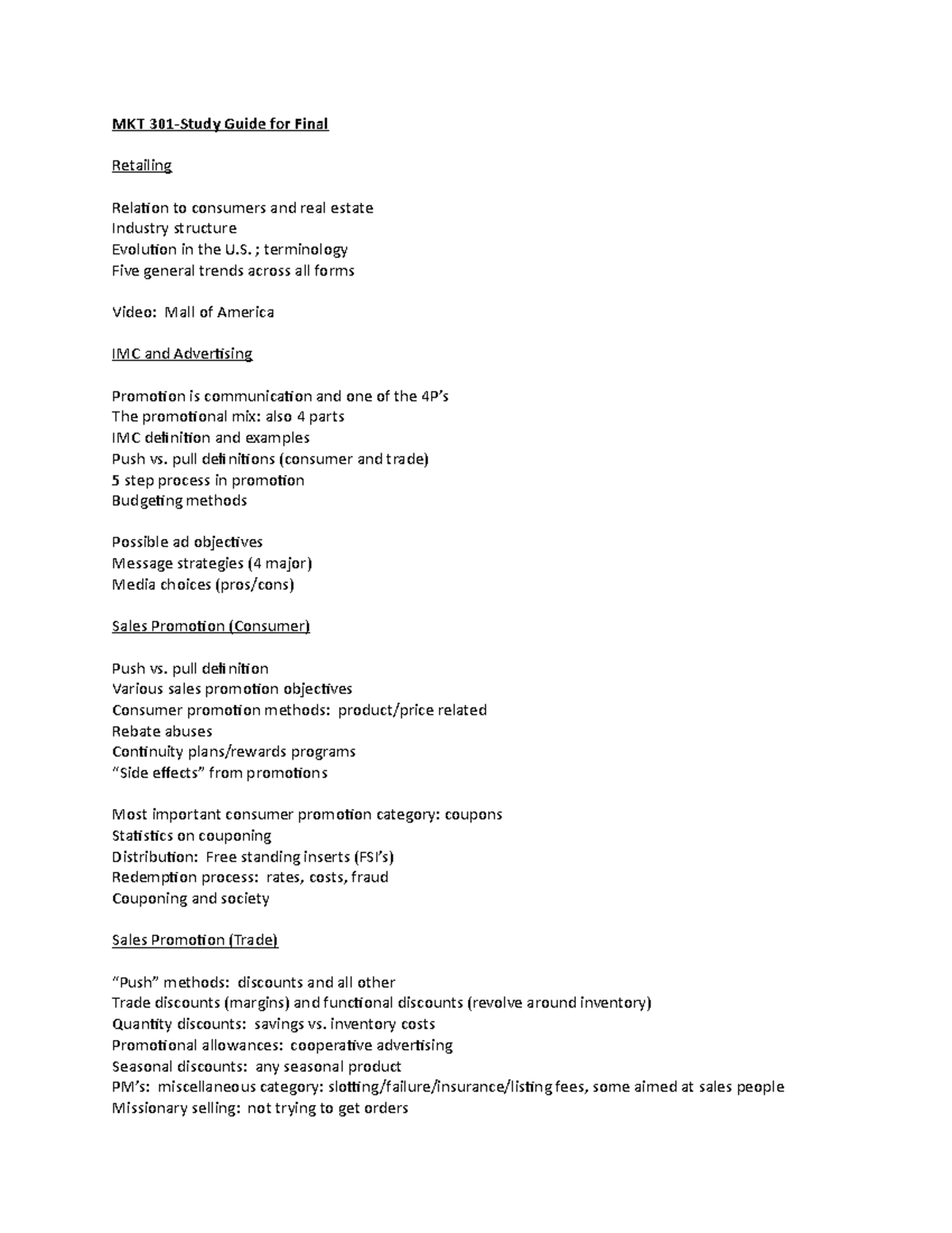 Final Study Guide - MKT 301-Study Guide for Final Retailing Relation to ...