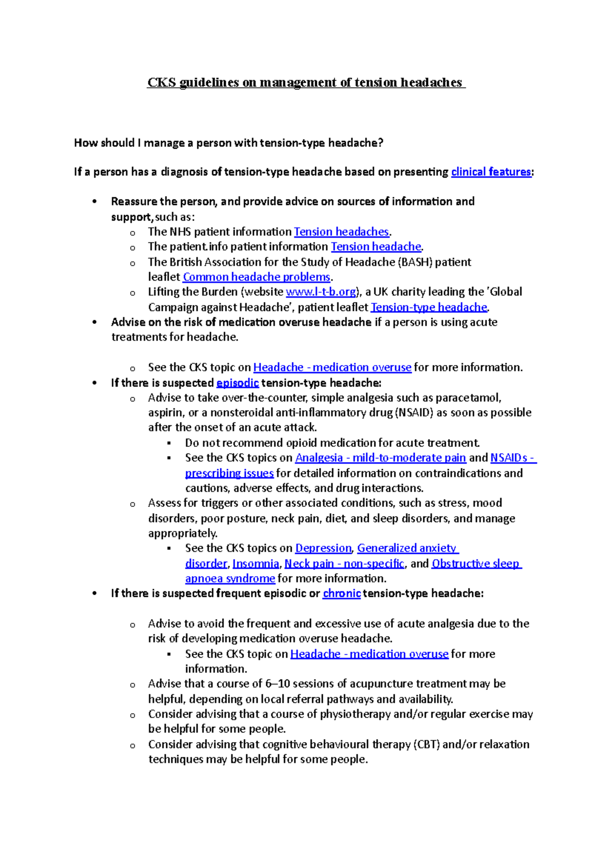 CKS guidelines on management of tension headaches - o The patient ...