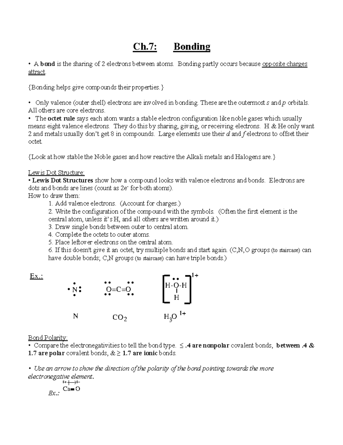 Ch7 Notes - Ch: Bonding A Bond Is The Sharing Of 2 Electrons Between ...