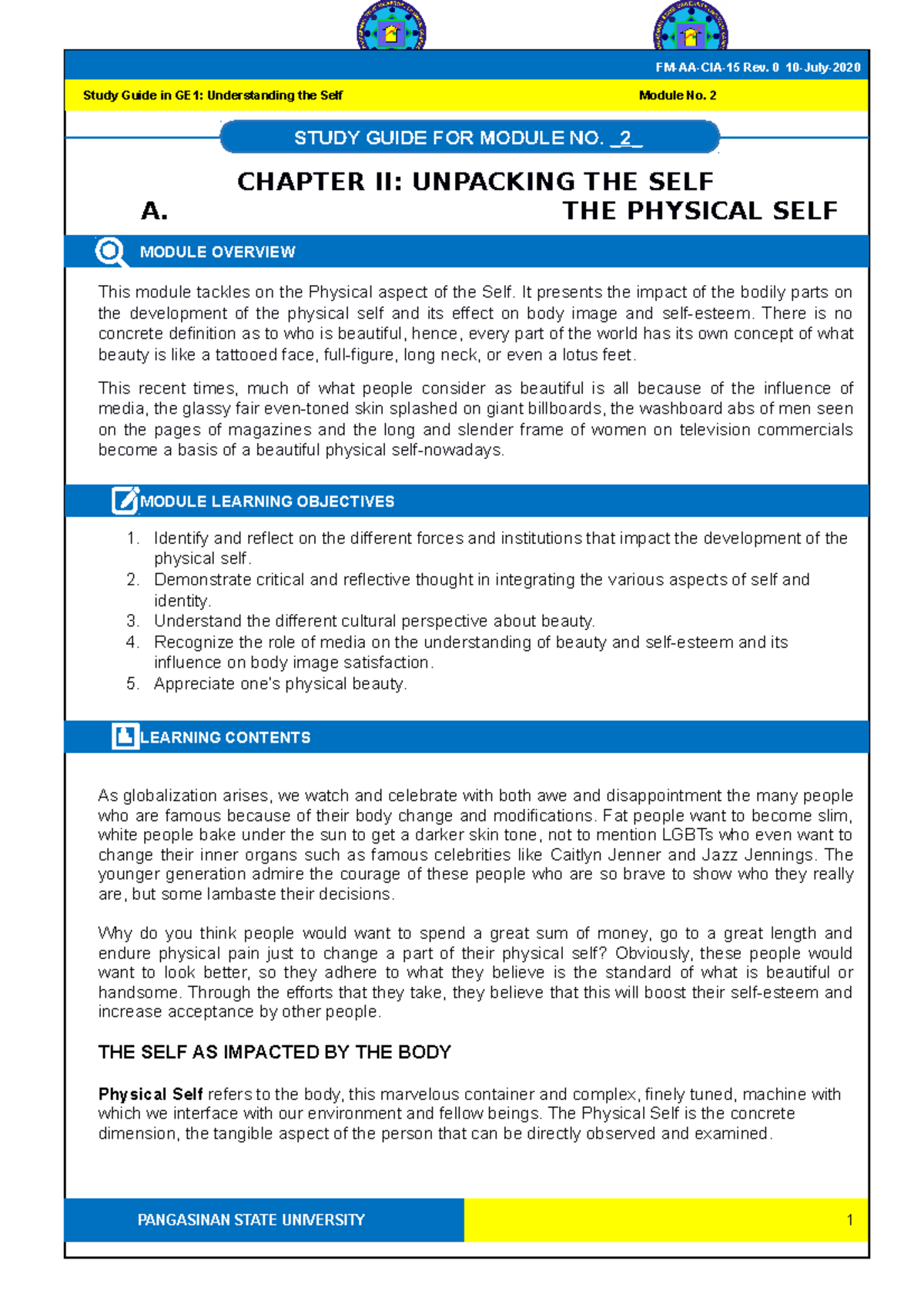 GE1 Module 6 - Physical Self - Understanding The Self - PangSU - Studocu