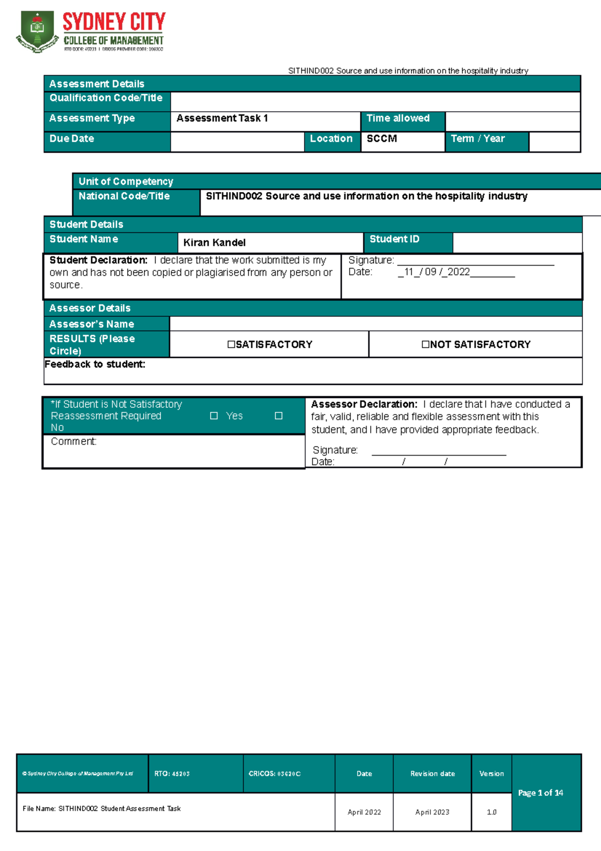 New Sithind 002 Student Assessment Task 1 - Assessment Details ...