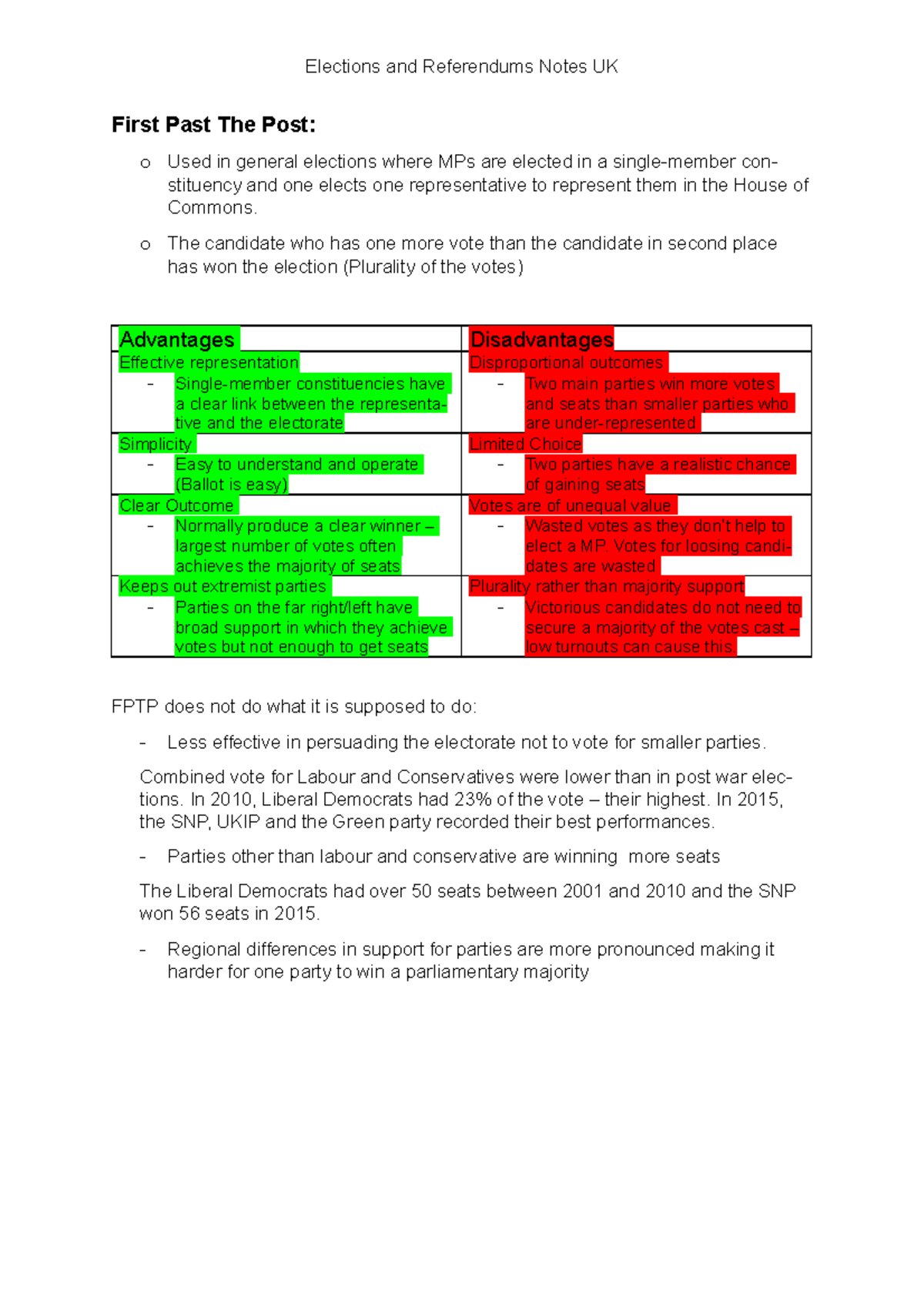 Elections and Referendums Notes - First Past The Post: o Used in ...