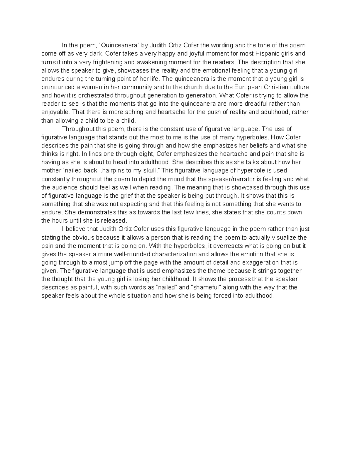 Poem analysis - Analyze the poem "Quinceanera" by Judith Ortiz Cofer