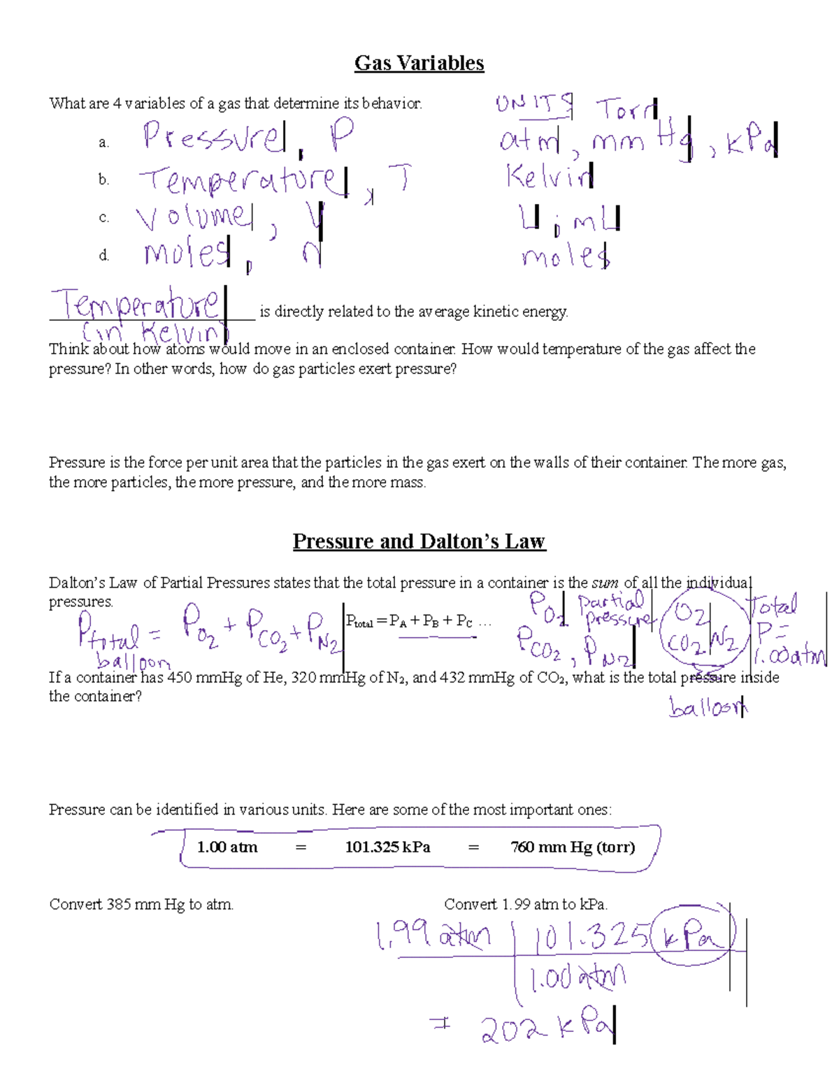 MM+Annotated+Gas+Law+Basics Gas Variables What are 4 variables of a
