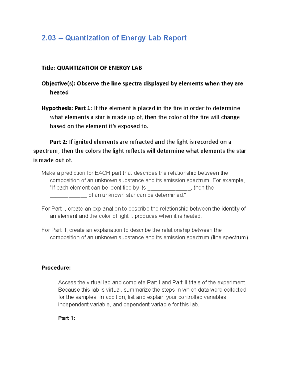2.03 Quantization of Energy 2 Quantization of Energy Lab Report Title QUANTIZATION OF