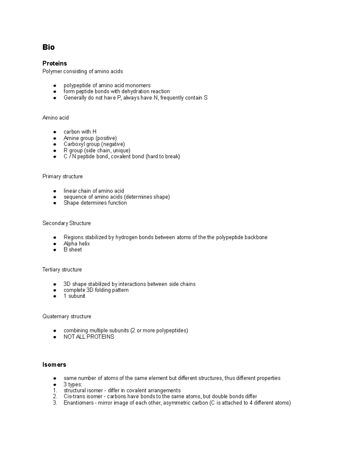 Bio - bio notes lol - Bio Proteins Polymer consisting of amino acids ...