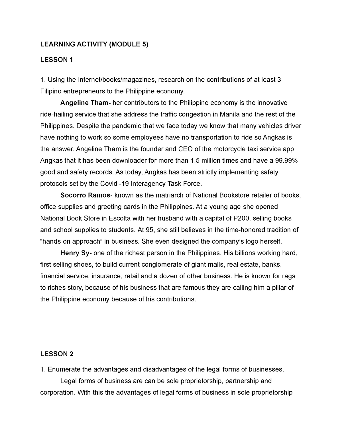 IM5 Organization Management - LEARNING ACTIVITY (MODULE 5) LESSON 1 ...