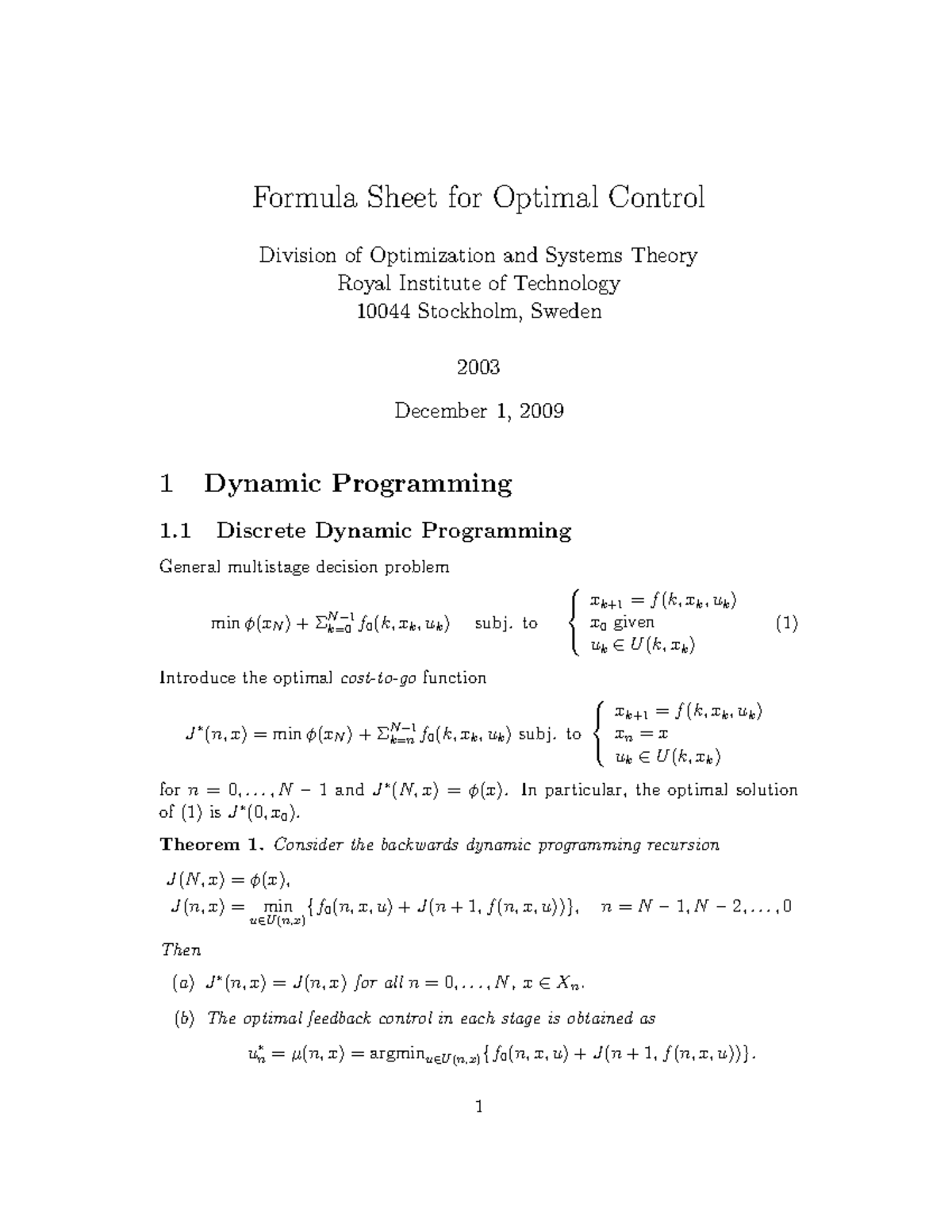 Formula sheet - very good - Formula Sheet for Optimal Control Division ...
