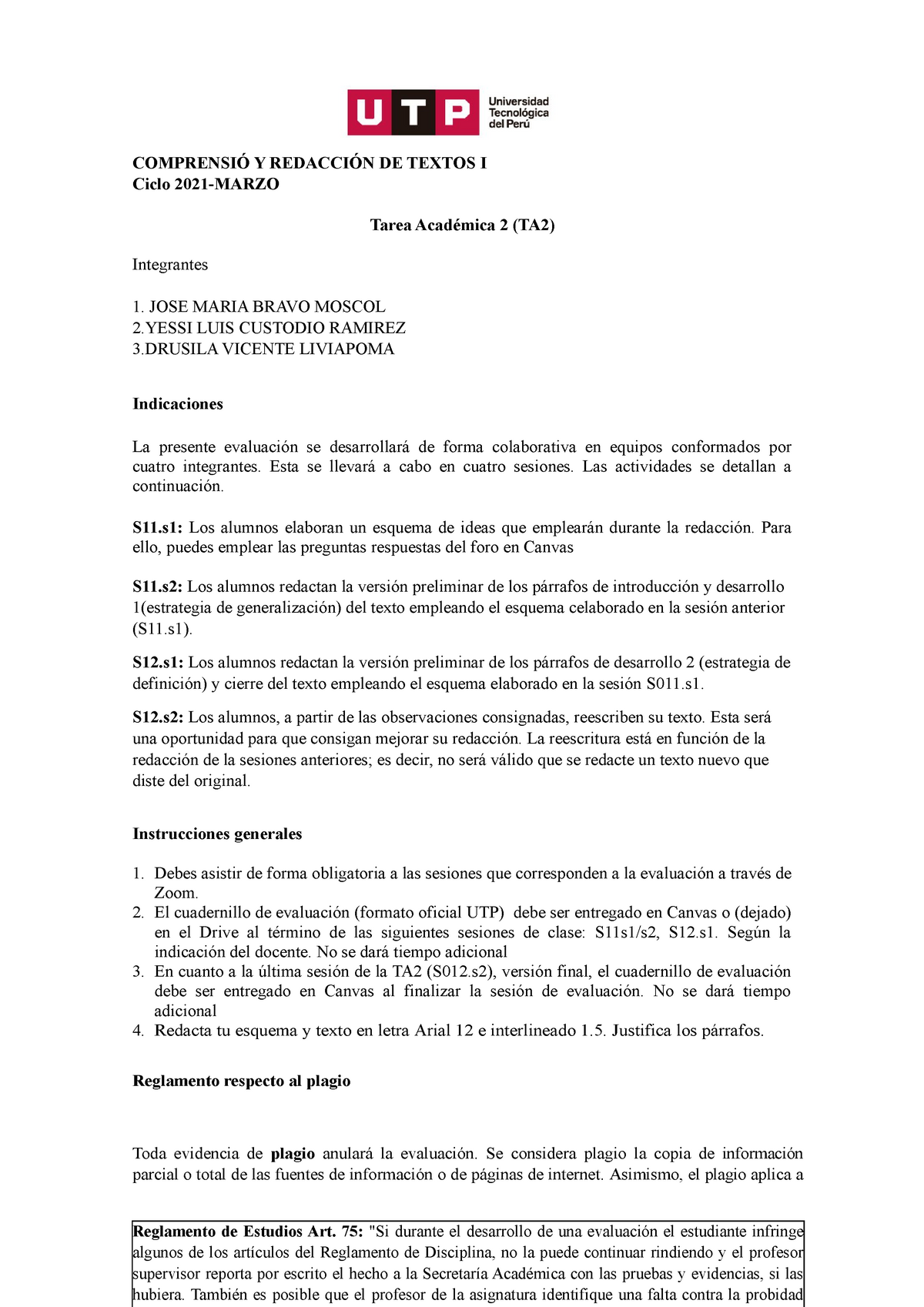 Evaluacion Tarea Academica 2 COMPRENSION Y REDACCIÓN DE TEXTOS I