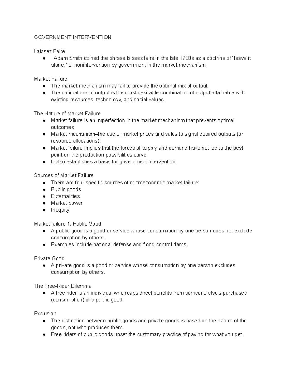 Chapter 9 Notes - Google Docs - GOVERNMENT INTERVENTION Laissez Faire ...