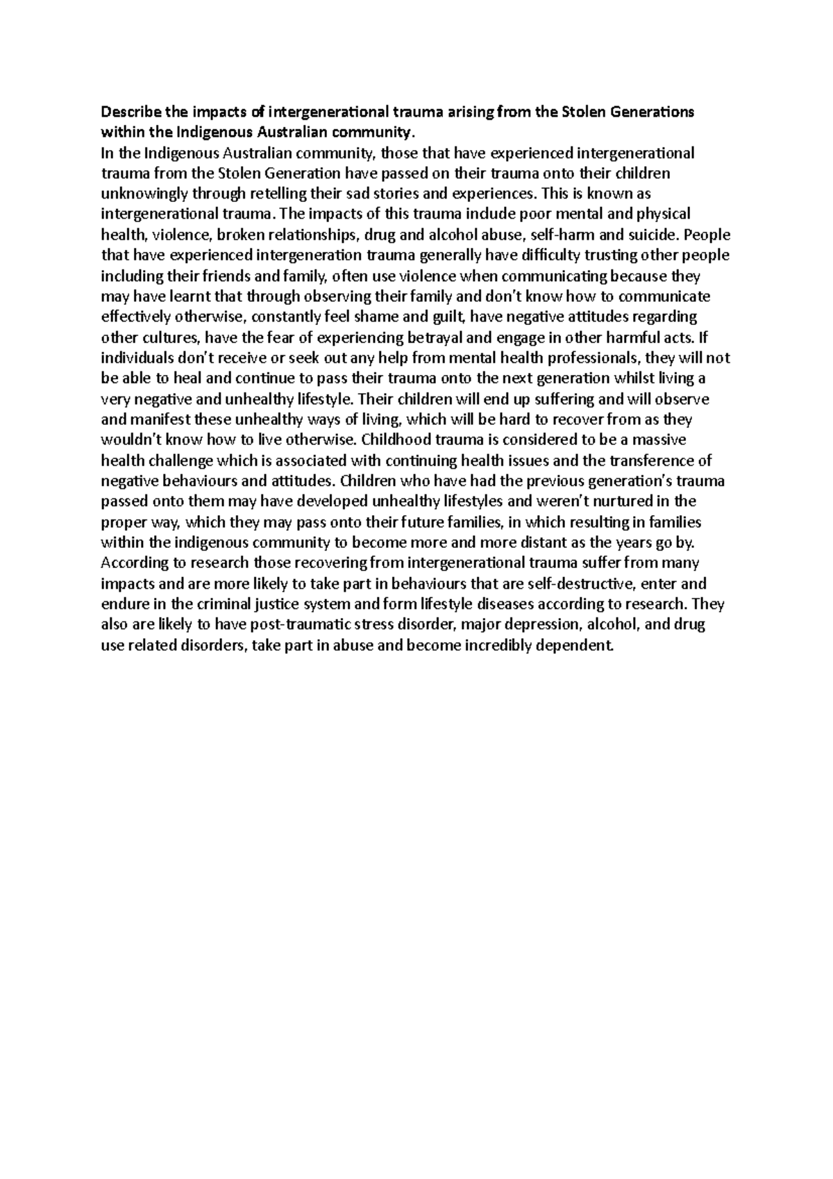 Doc 8 - Describe the impacts of intergenerational trauma arising from ...
