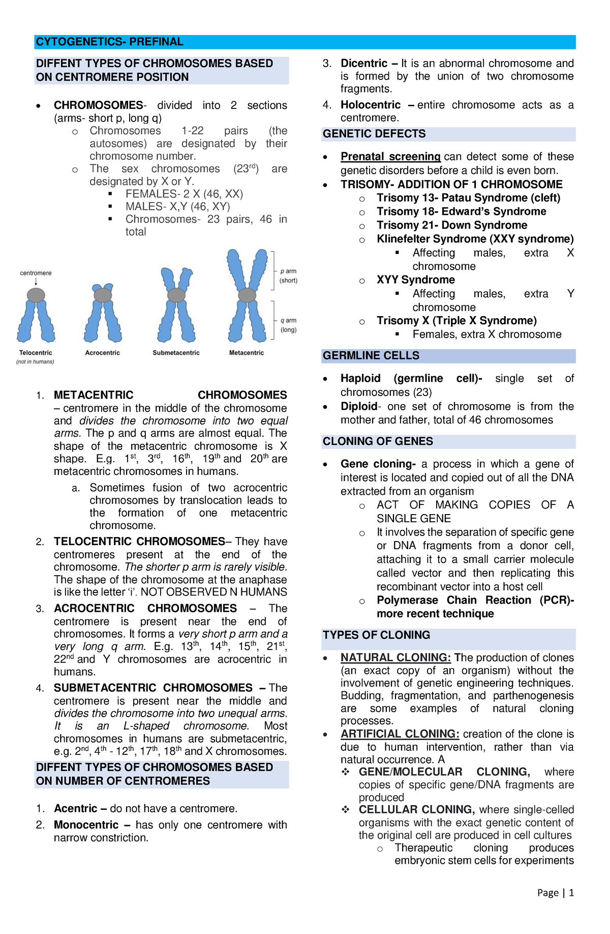 Cytogenetics- Prefinals - Diffent Types Of Chromosomes Based On 