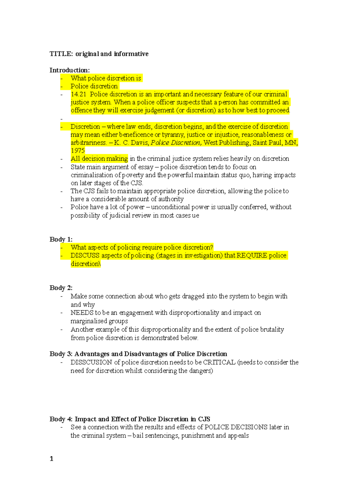Essay - just - TITLE: original and informative Introduction: - What ...