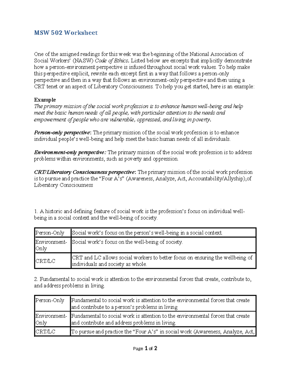 M03 Worksheet - MSW 502 Worksheet One of the assigned readings for this ...