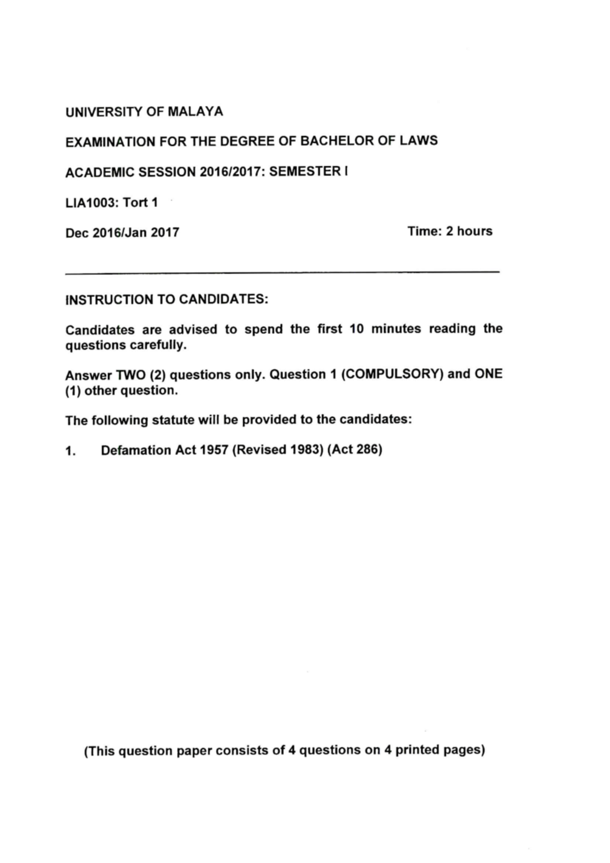 LIA1003 Tort 1 Past Exam 2017 (English) - Tort Law I - Studocu