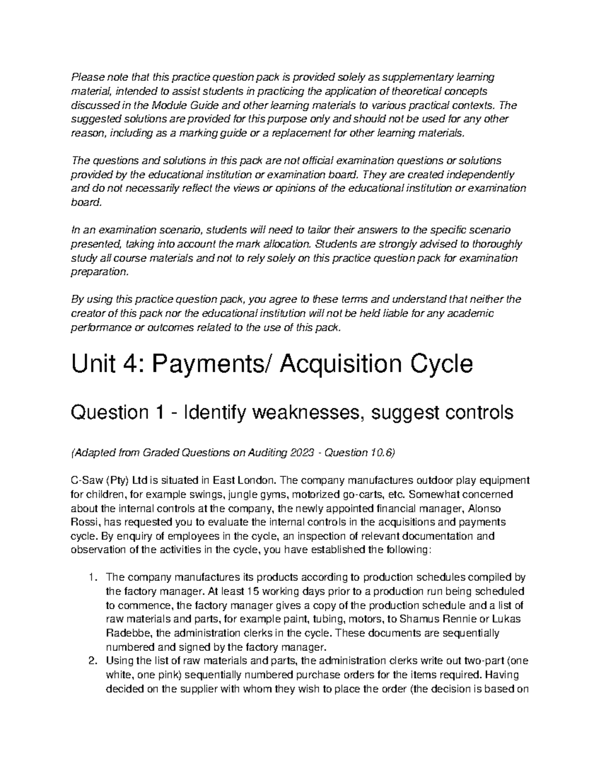 Auditing 3A Week 4 Payments Acquisition Cycle Practice Questions with ...