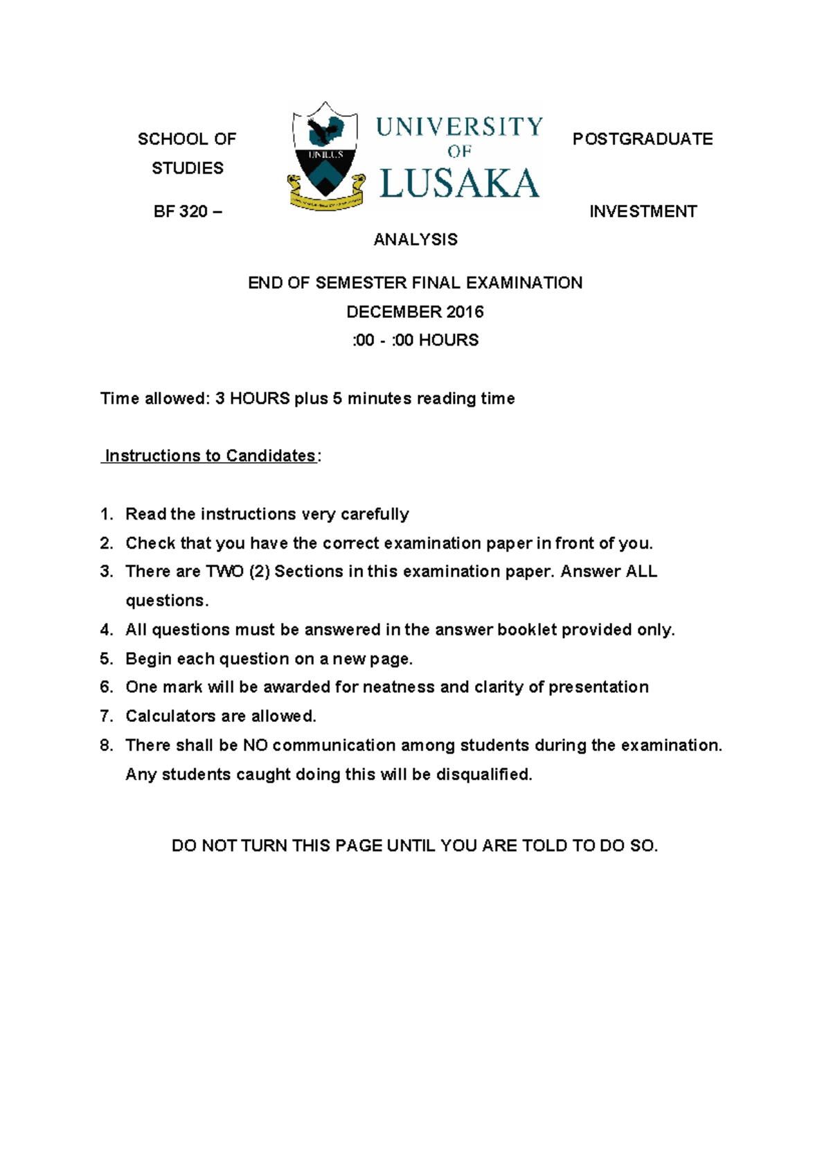 BF 320 Final EXAM DEC 2016 - SCHOOL OF POSTGRADUATE STUDIES BF 320 ...