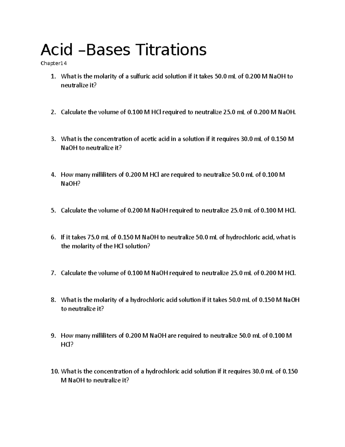 Acidbases Titrations worksheet Acid Bases Titrations Chapter What