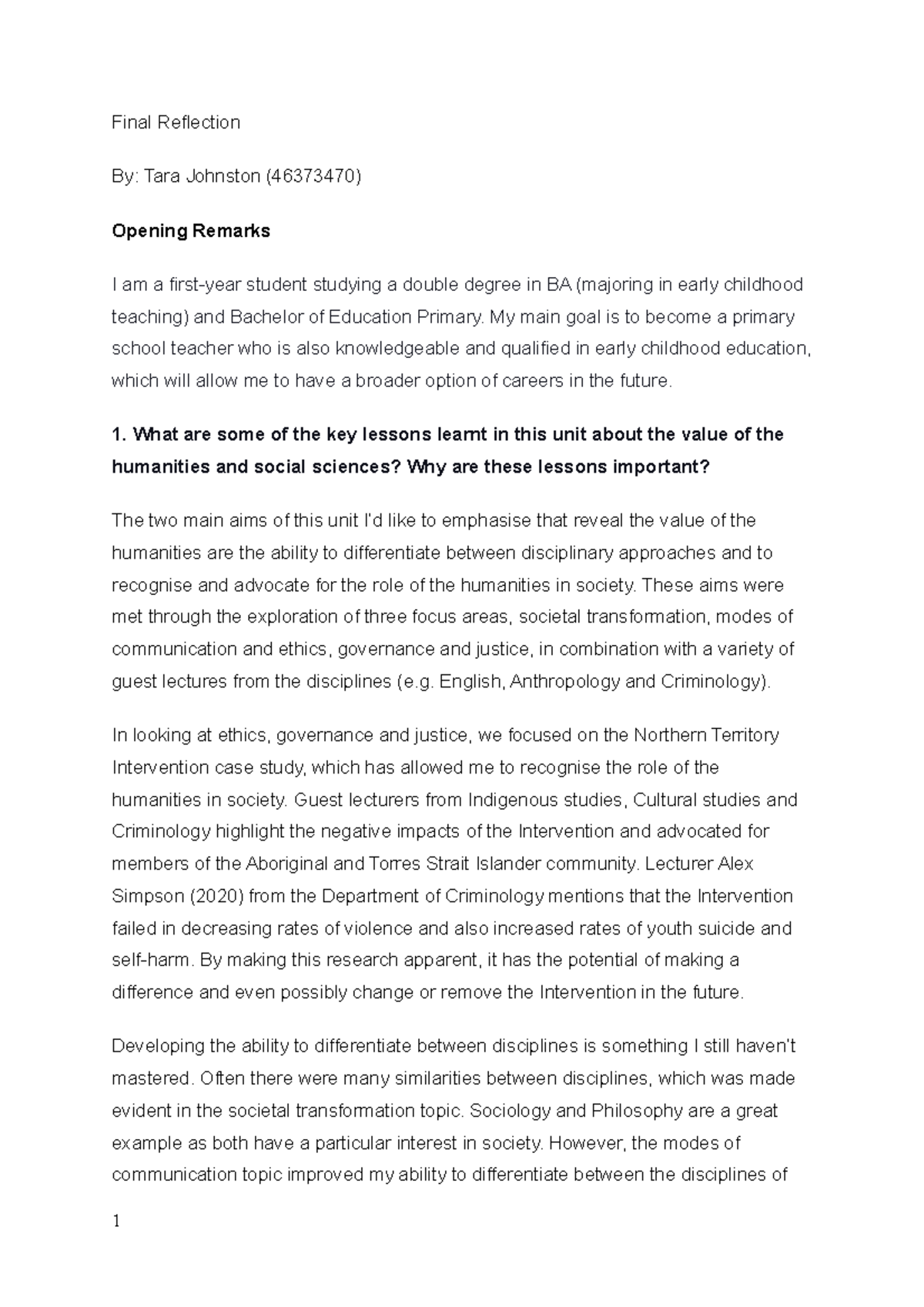 Final Reflection - Final Reflection By: Tara Johnston (46373470 ...