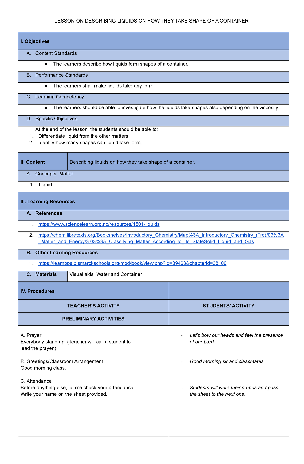 5Es Lesson Plan Format - Heyyooo - LESSON ON DESCRIBING LIQUIDS ON HOW ...