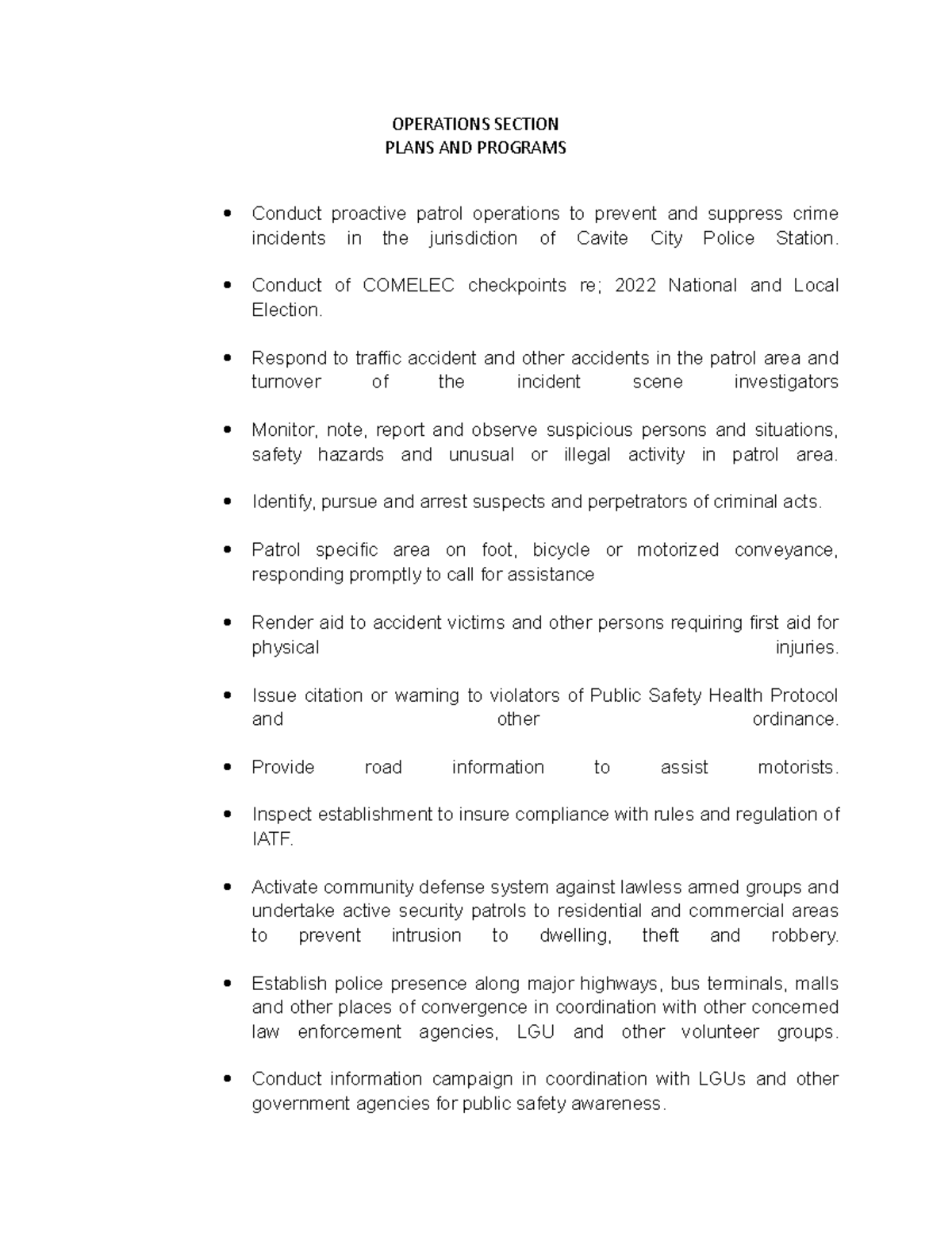 Operations Section - OPERATIONS SECTION PLANS AND PROGRAMS Conduct ...