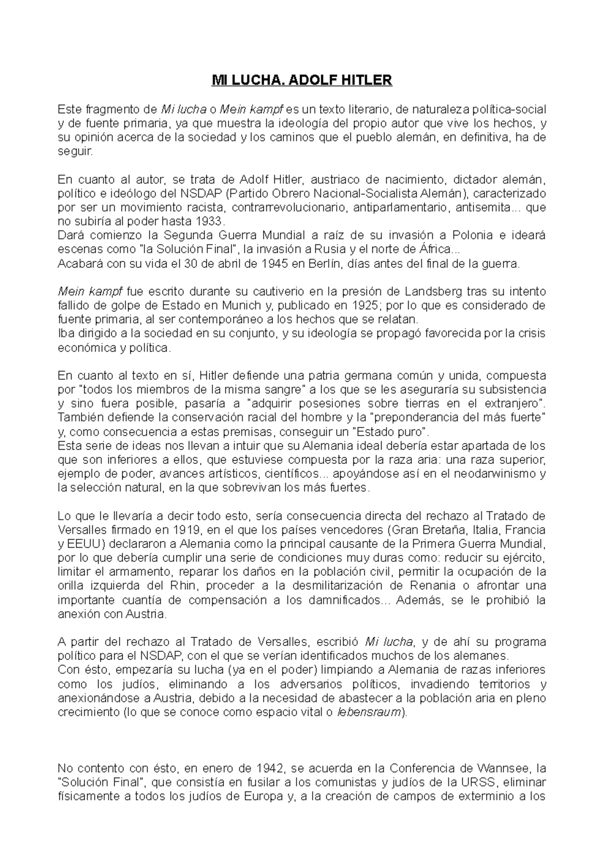 Resumen de los artículos de Mi lucha de Adolf Hitler y los Acuerdos de Camp David StuDocu