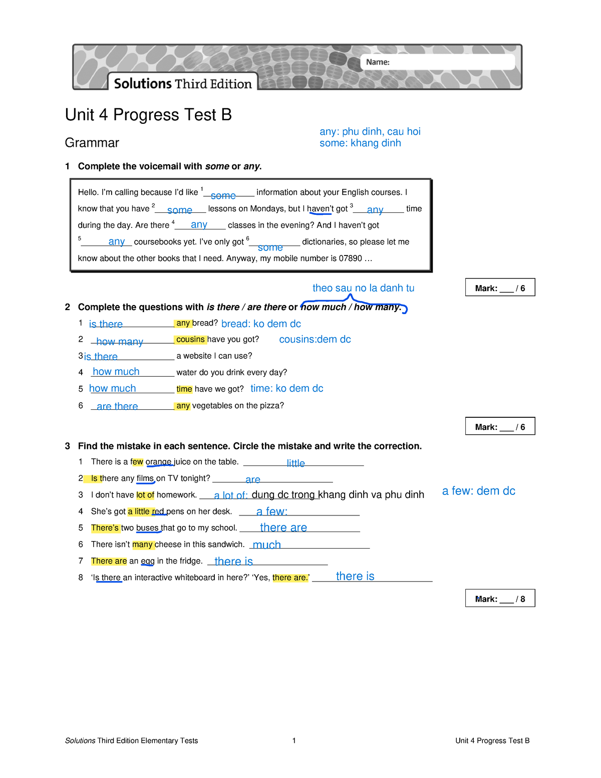 Sol3e Elem U4 Progress Test B - Unit 4 Progress Test B Grammar 1 ...