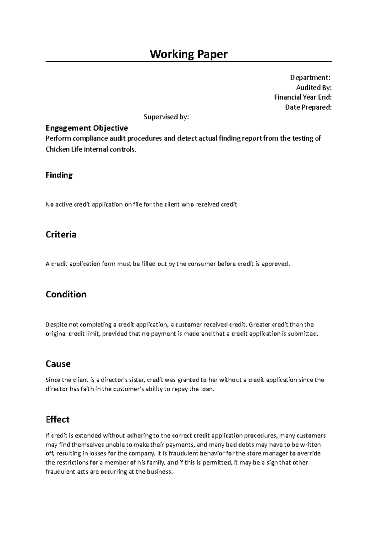 Audit Finding Report - Working Paper Department: Audited By: Financial 