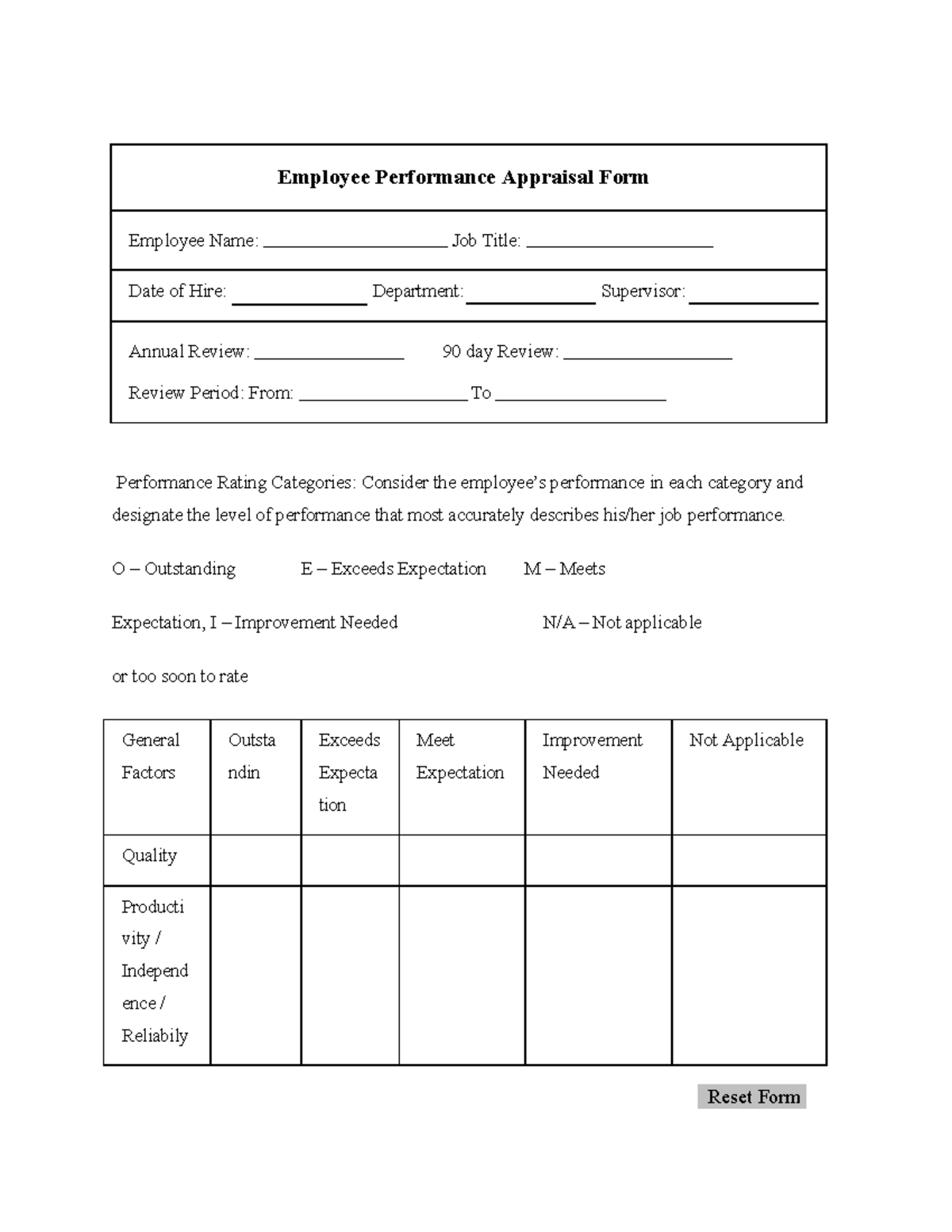 Sample Employee Performance Appraisal Form Employee Performance