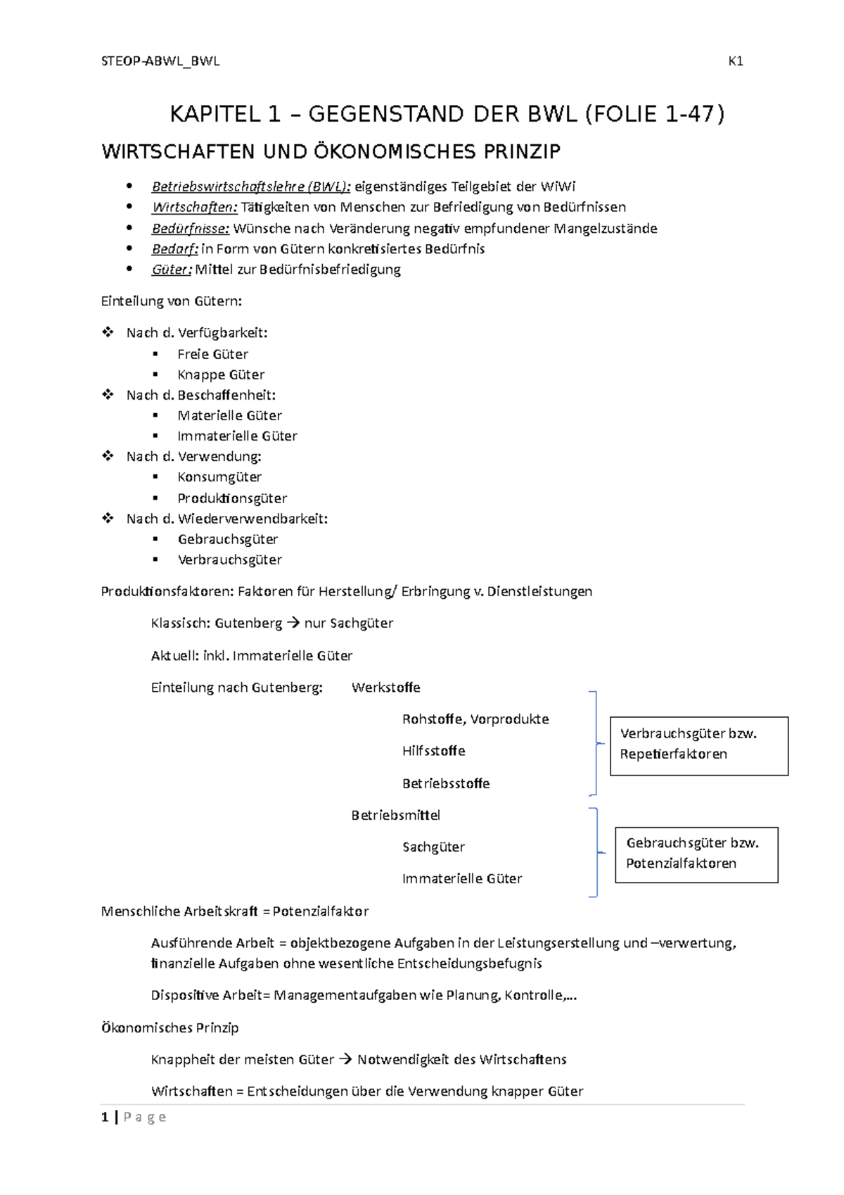Zusammenfassung V1: Gegenstand Und Methoden Der Bwl – PWADC