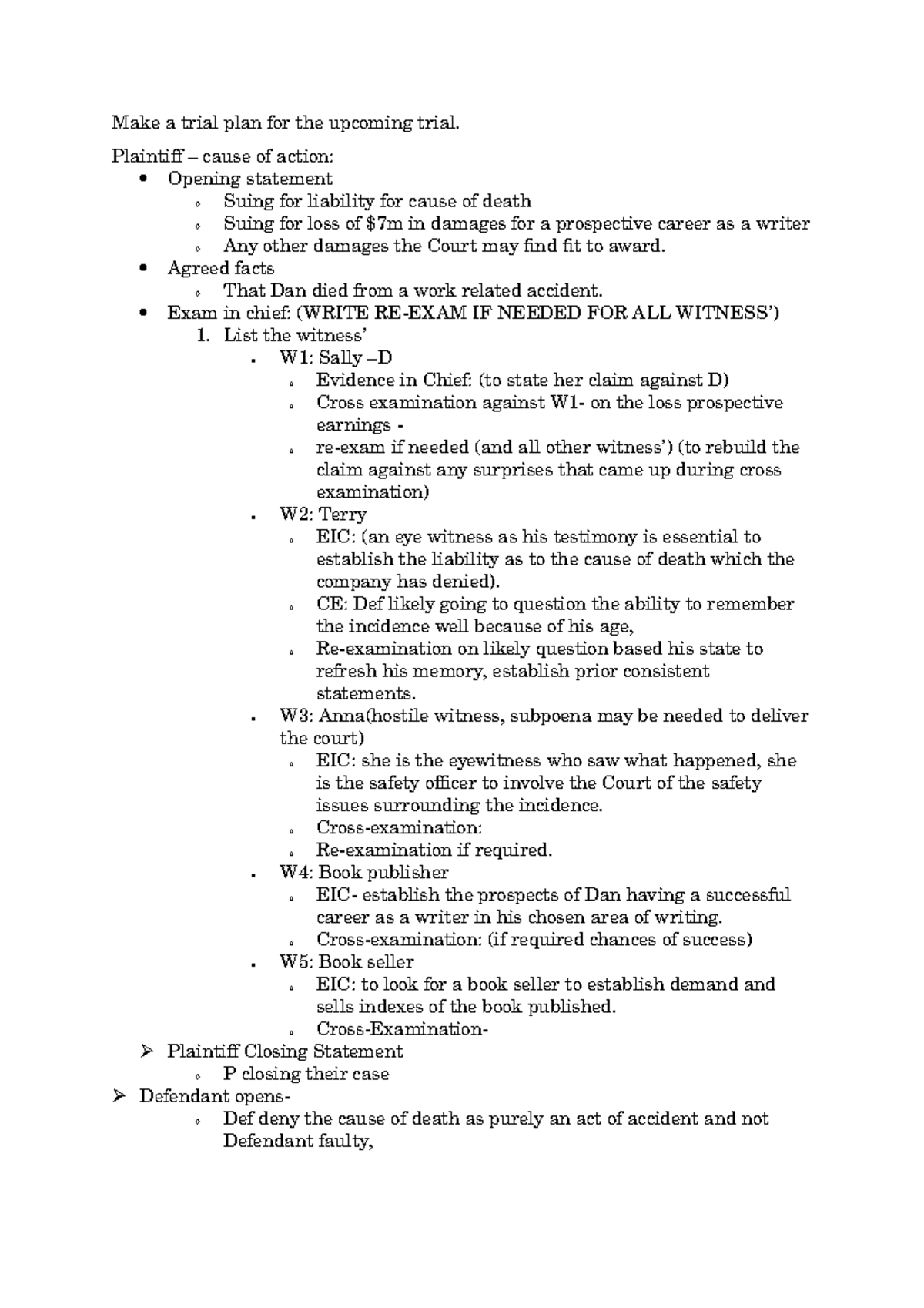 Trial Plan Civil Make A Trial Plan For The Upcoming Trial 