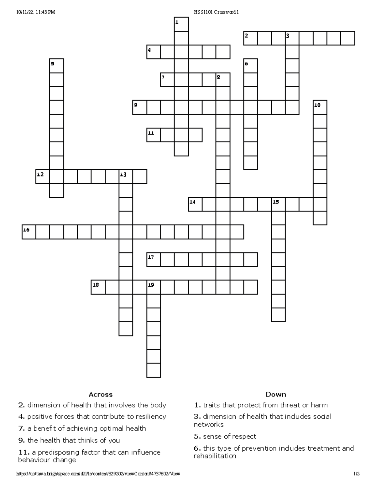 HSS Crosswords Chapter(s) 1 to 6 Across 2. dimension of health that